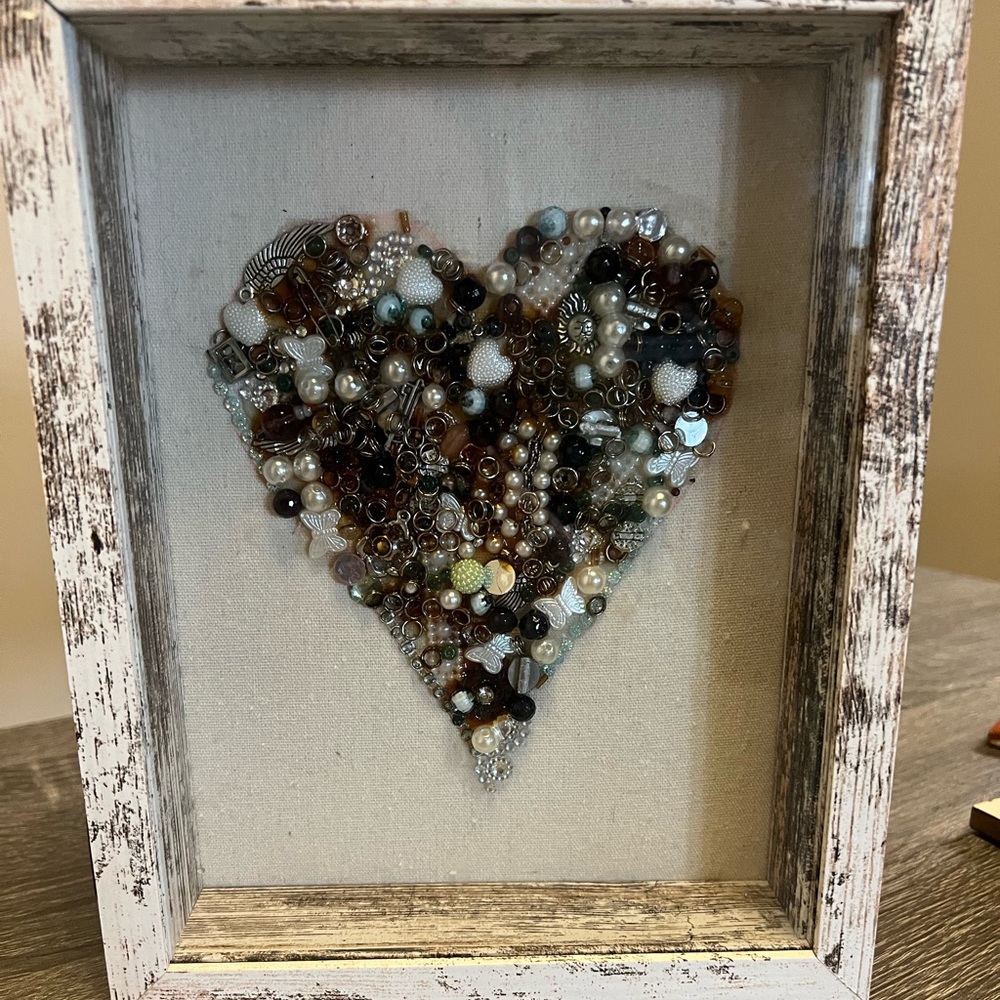 Recycled and new jewelry heart 8x11 shadow box